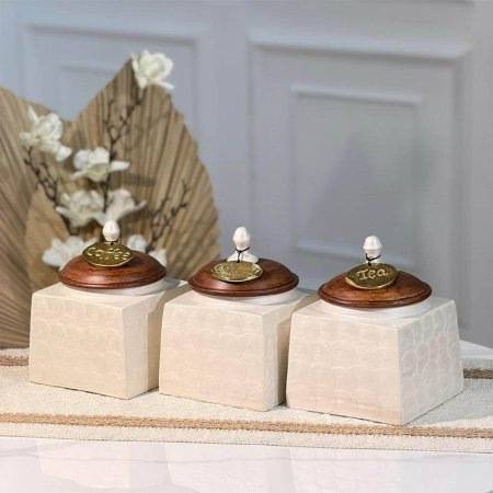 طقم بهارات/3 مربع 12سم مصدف  ابيض W غطا خشب 90217 تعليقة نحاس هندي %ه15